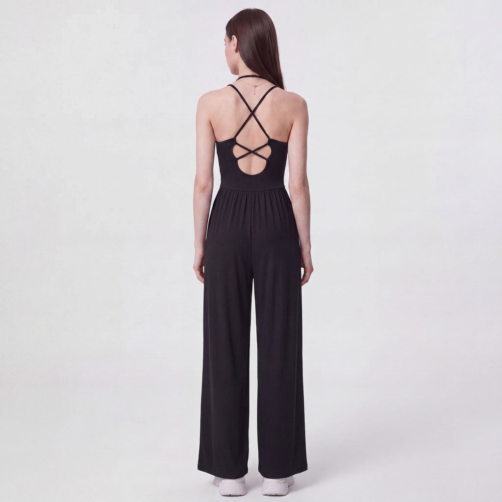 Sleeveless Halter Neck Wide Leg Jumpsuit with Ribbed Bodice Gathered Waist and Flowy Pants