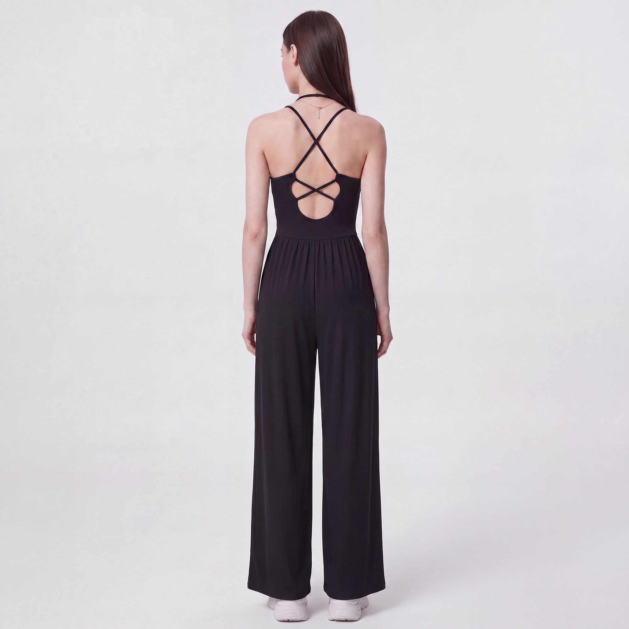 Sleeveless Halter Neck Wide Leg Jumpsuit with Ribbed Bodice Gathered Waist and Flowy Pants