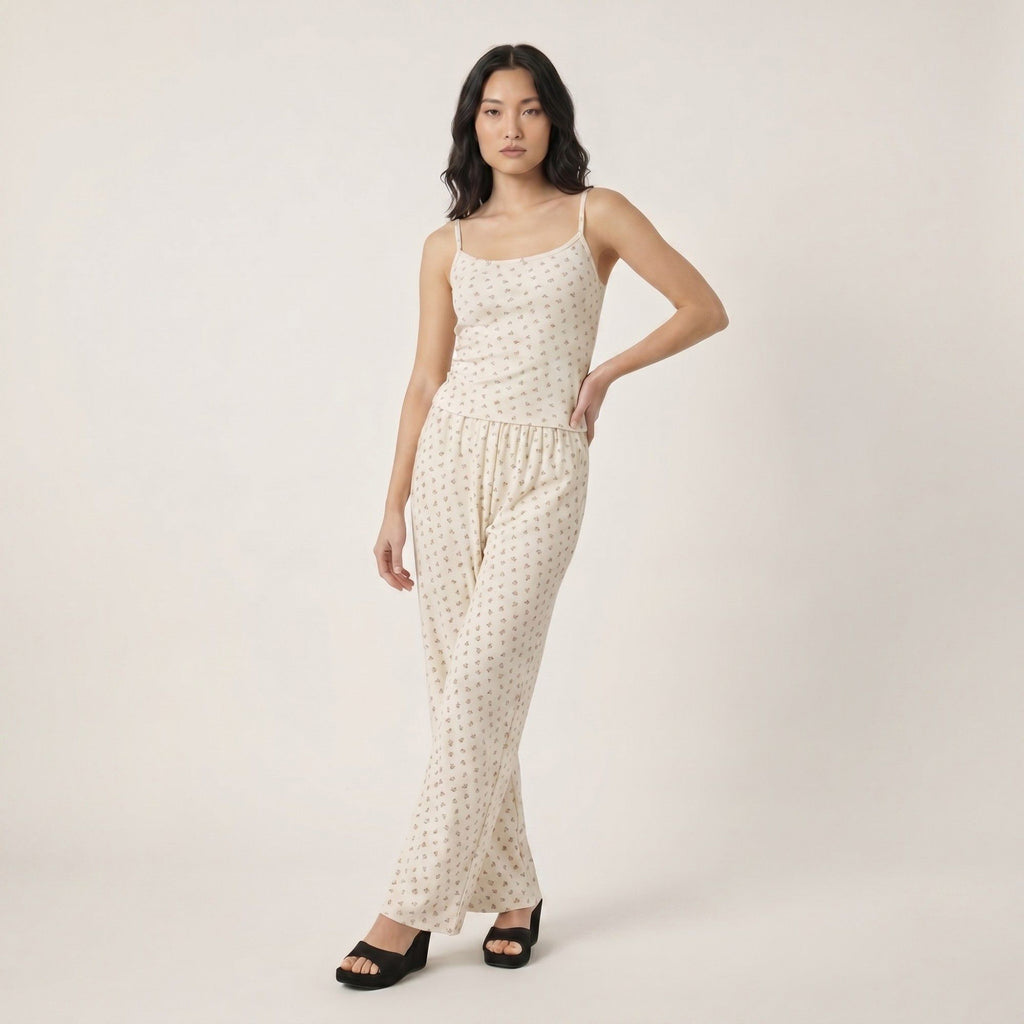 2-Piece Floral Cami Top and Wide Leg Pants Sleepwear Lounge Set with Slim Straps and Relaxed Soft Knit Fit