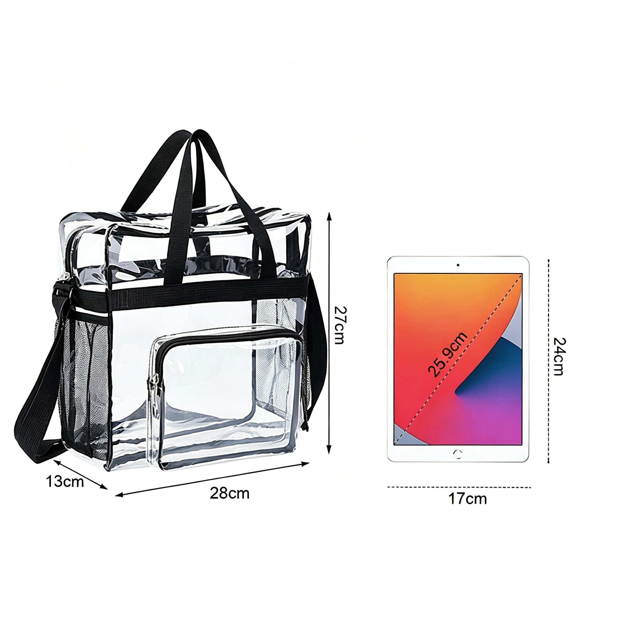 Clear Tote Bag with Exterior Mesh Pockets, Double Top Handles and Removable Adjustable Shoulder Strap