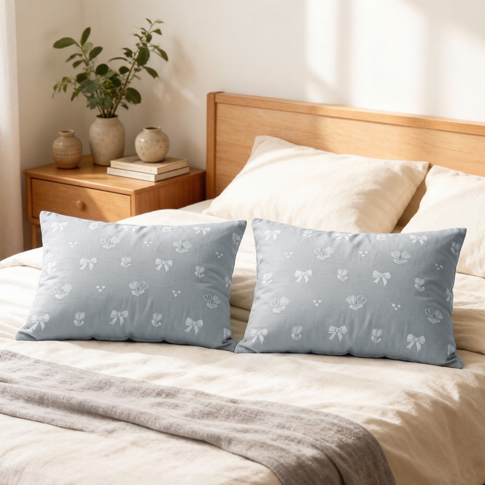 2-Piece Cotton Pillowcases with Bow and Tulip Print Design for Bedroom, Soft and Cozy Bedding Set 20x26in