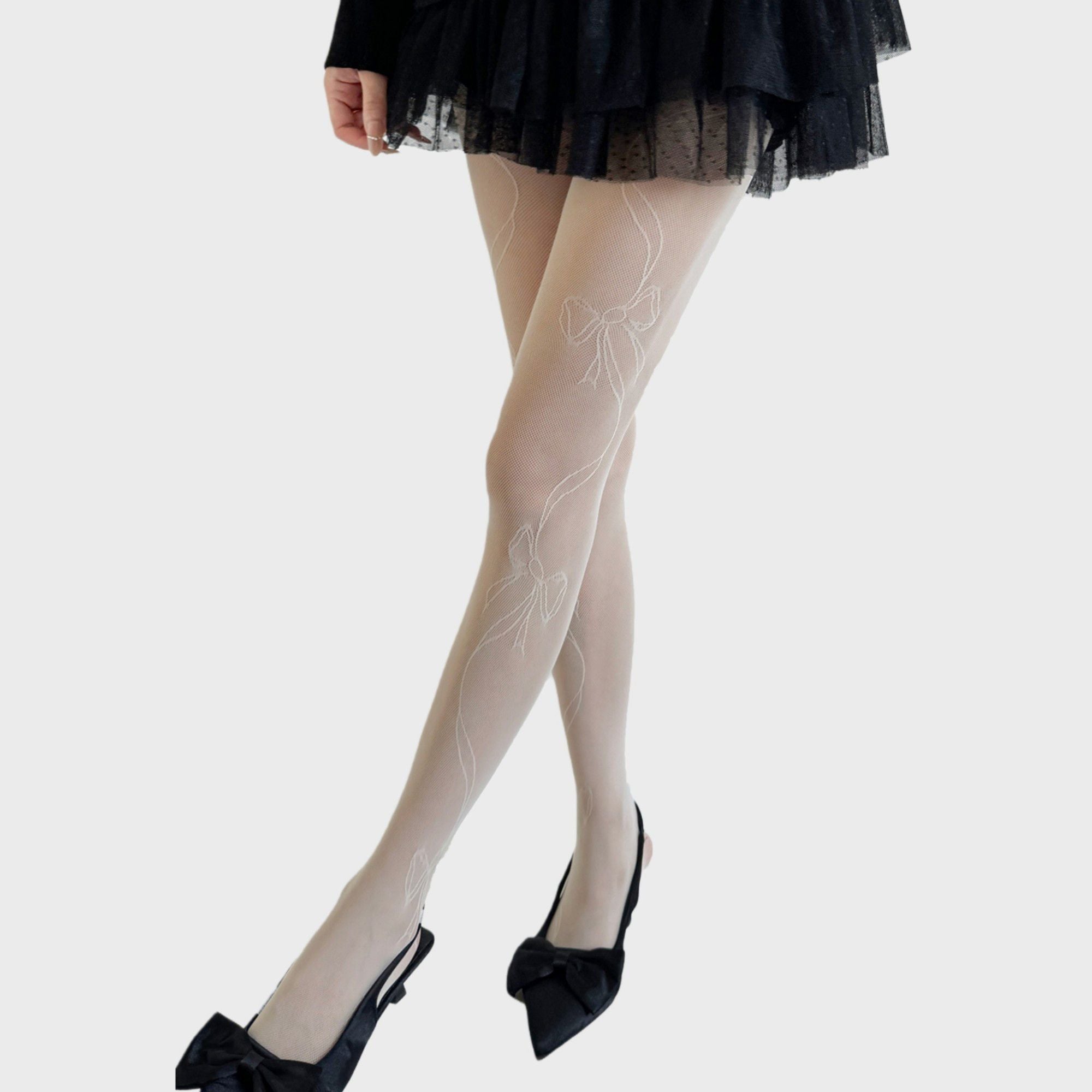 Anna-Kaci Women's Sheer Bow Line Pattern Tights with Soft Stretch Mesh, Delicate Ribbon Artwork, and Smooth Knit Finish One Size Fits Most