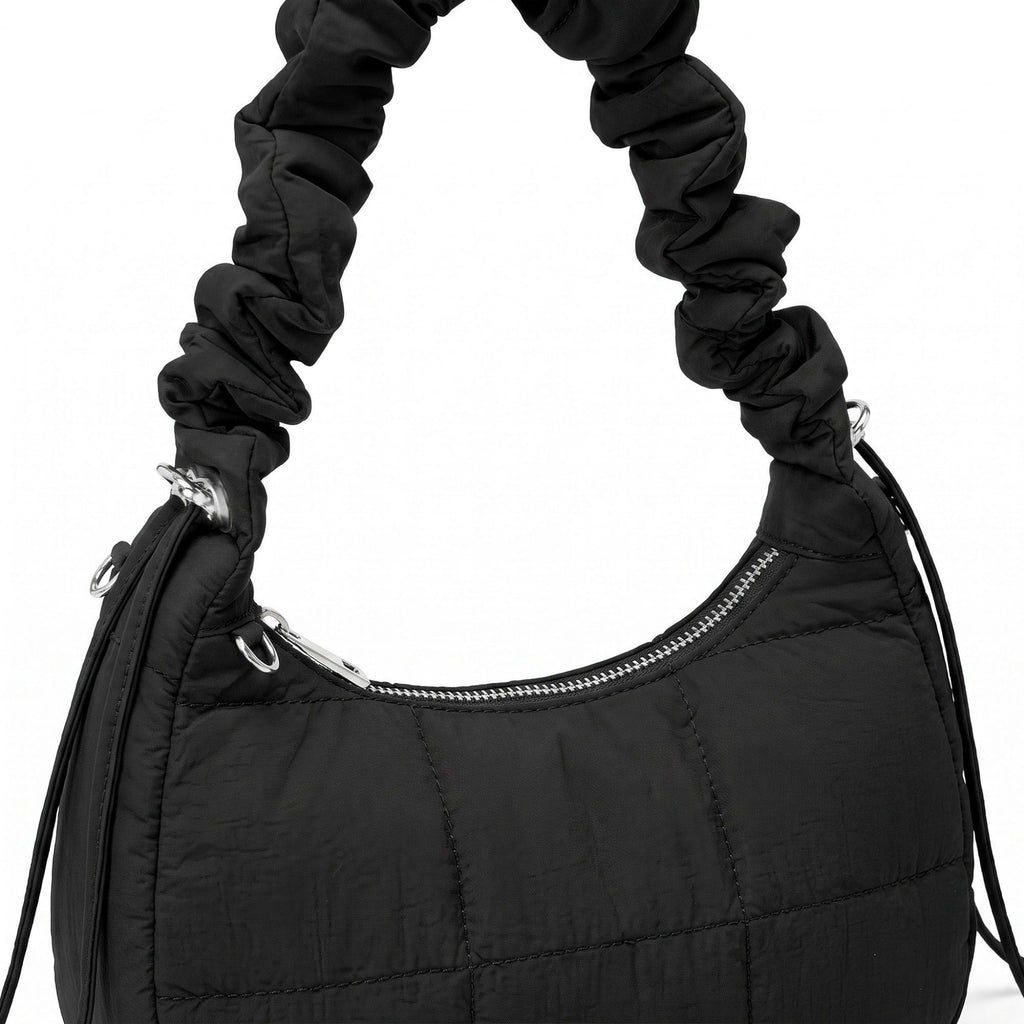 Quilted Crescent Shoulder Bag with Ruched Handle and Detachable Crossbody Strap 10.5x4x6in