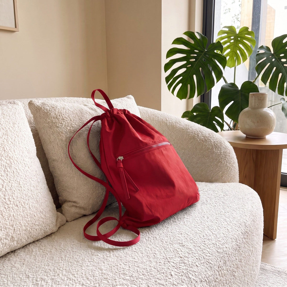 Drawstring Backpack with Front Zip Pocket Lightweight Casual Cinch Bag