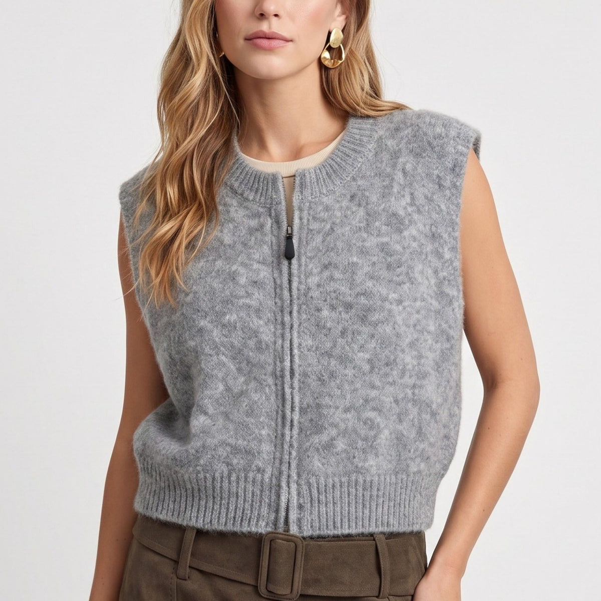 Sleeveless Full Zip Knit Sweater Vest