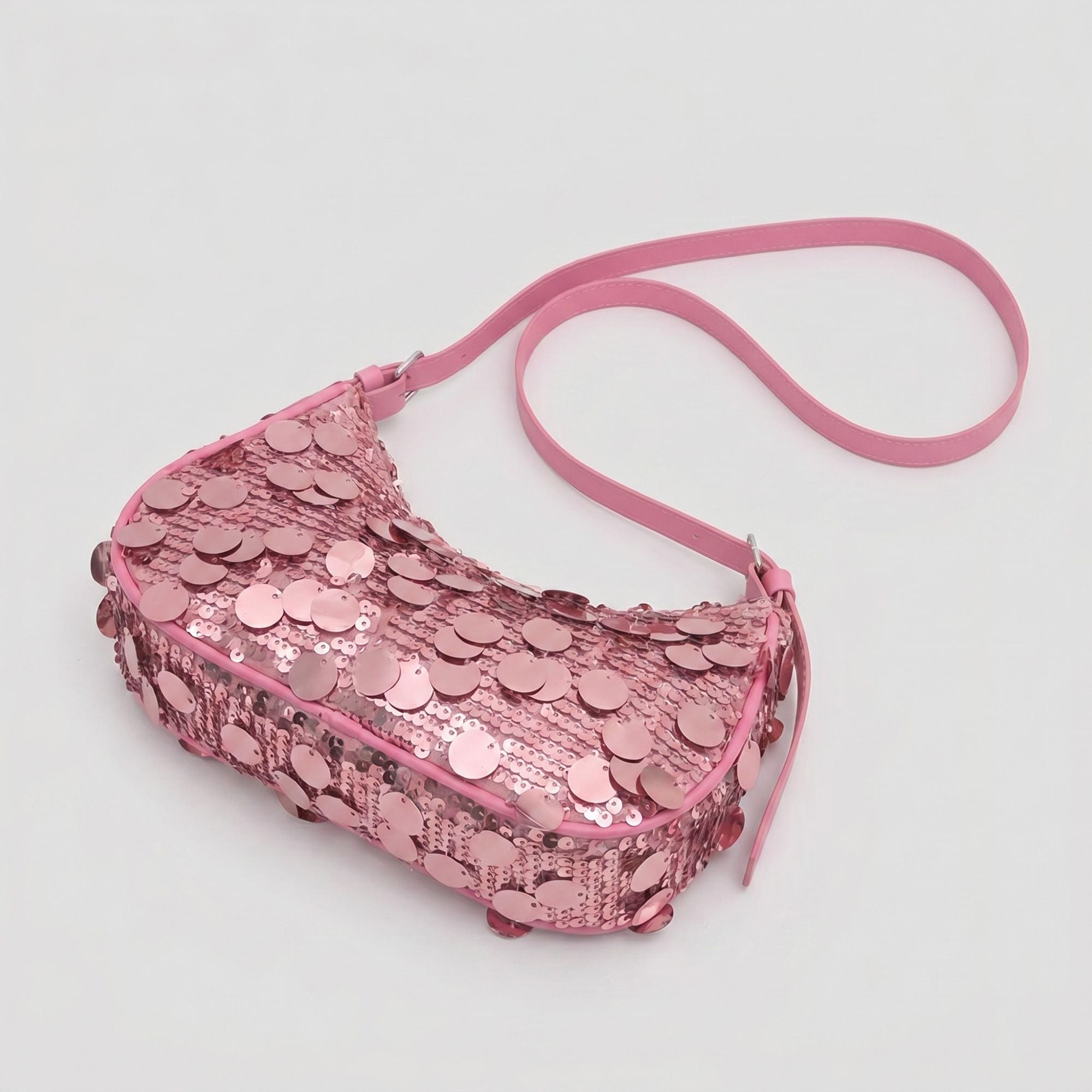 Sequin Crescent Shoulder Bag with Disc Paillette Details and Slim Strap