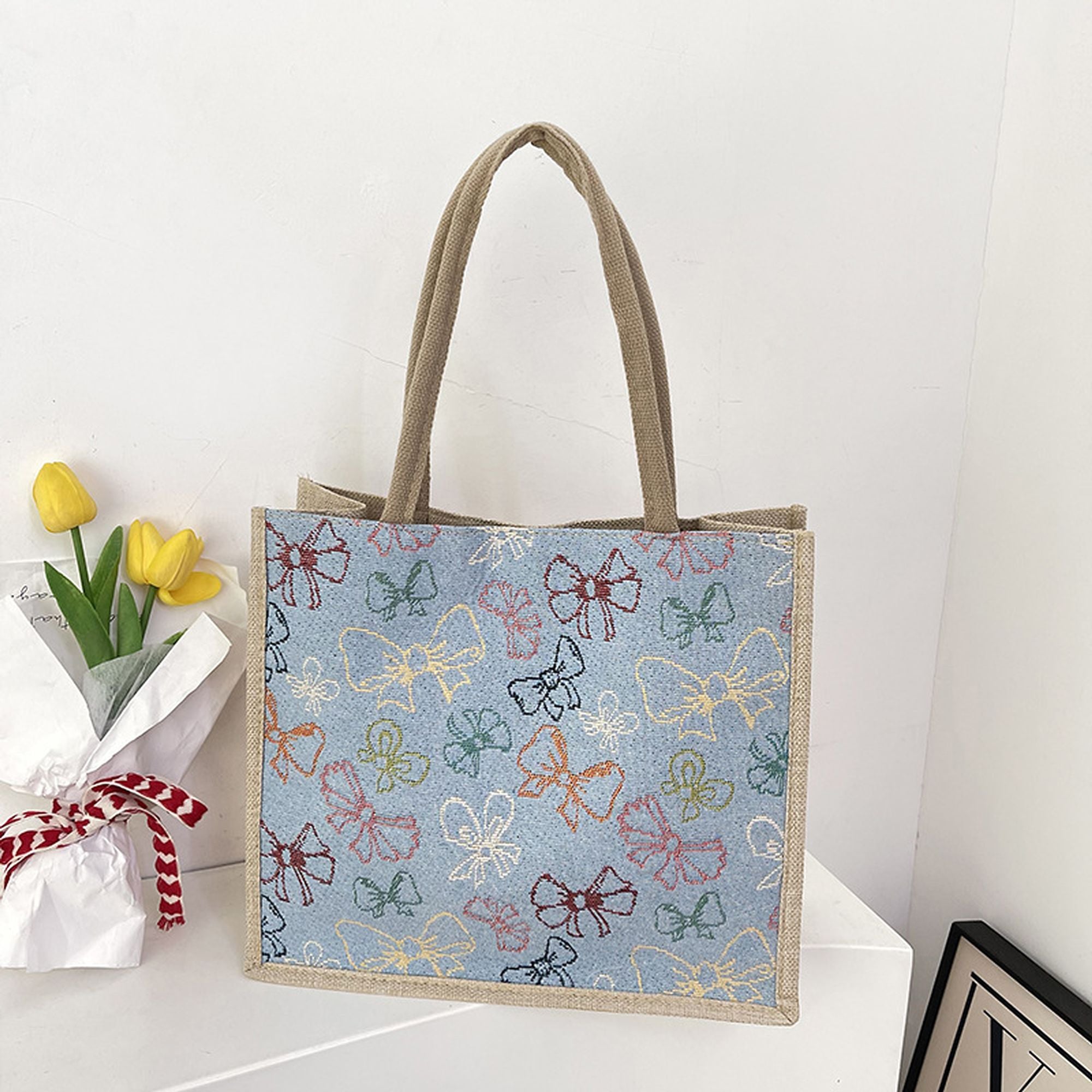 Anna-Kaci Women's Canvas Tote Bag with Colorful Bow Print - Lightweight Shopping Handbag