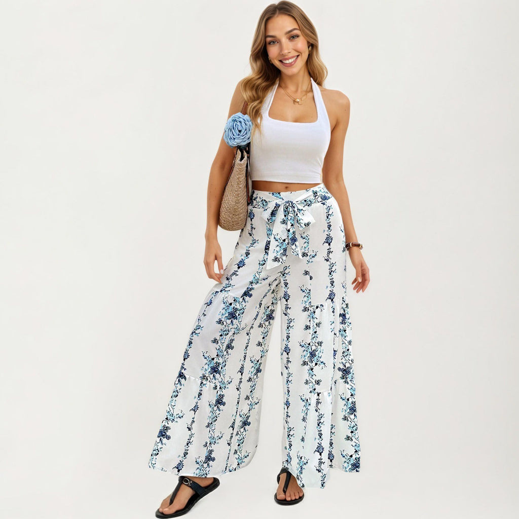 Anna-Kaci Women's Floral Wide Leg Palazzo Pants with Tiered Hem Detail and Adjustable Tie Waist