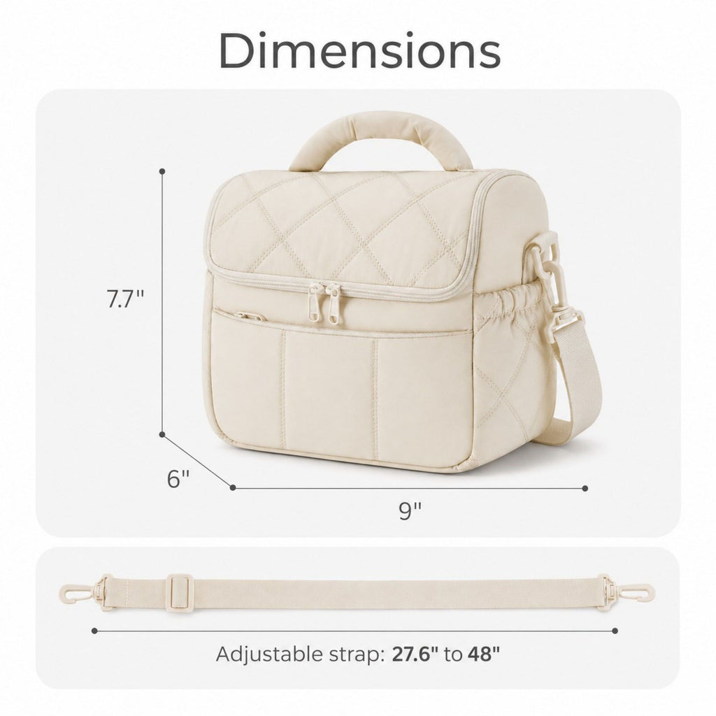 Quilted Insulated Lunch Bag with Adjustable Strap Padded Handle and PEVA Lining