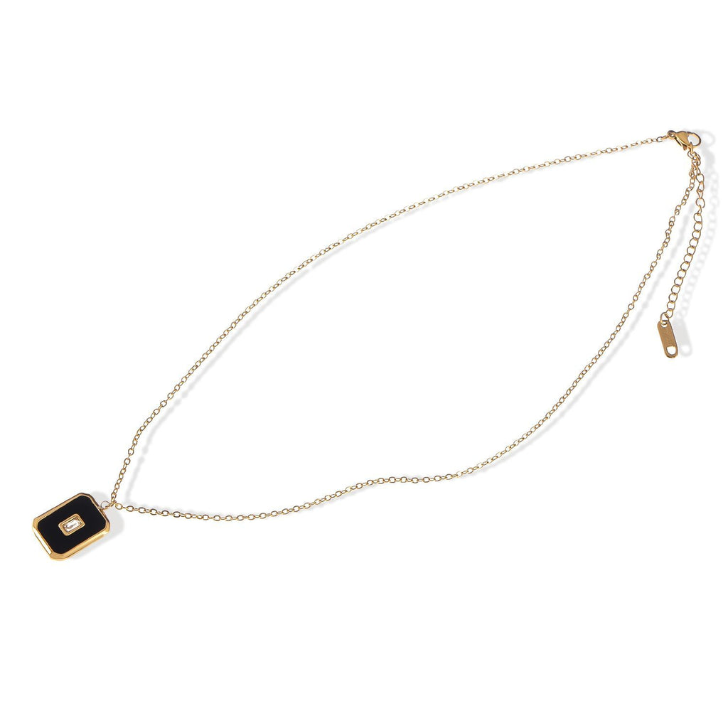 Women's Stainless Steel Fashion Necklace with 18K Gold Plated Pendant, Enamel Inlay, Clear Zircon Stone Accent, Adjustable Chain