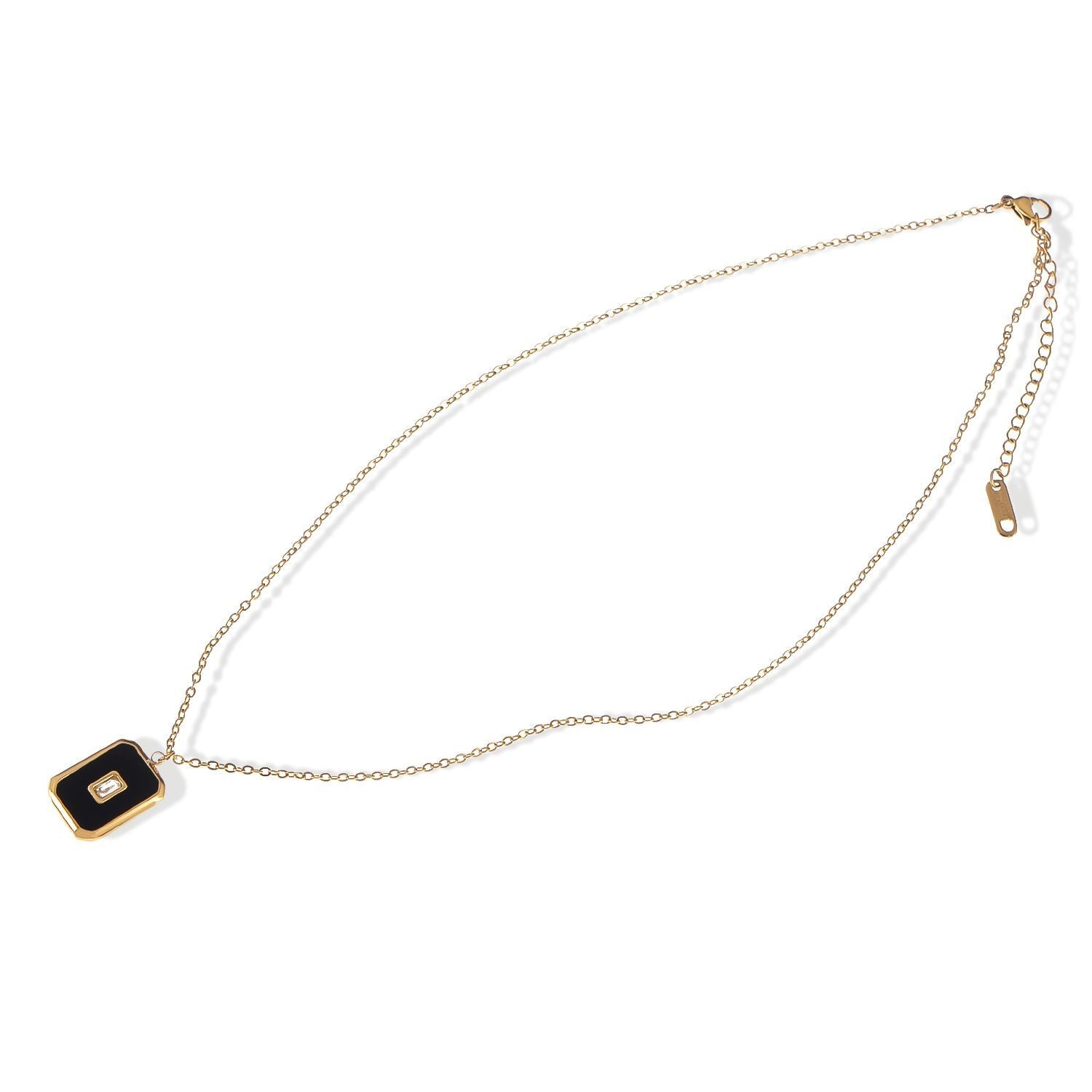 Women's Stainless Steel Fashion Necklace with 18K Gold Plated Pendant, Enamel Inlay, Clear Zircon Stone Accent, Adjustable Chain