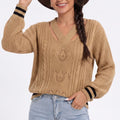 Cutout V Neck Cable Knit Long Sleeve Sweater with Contrast Stripe Trim