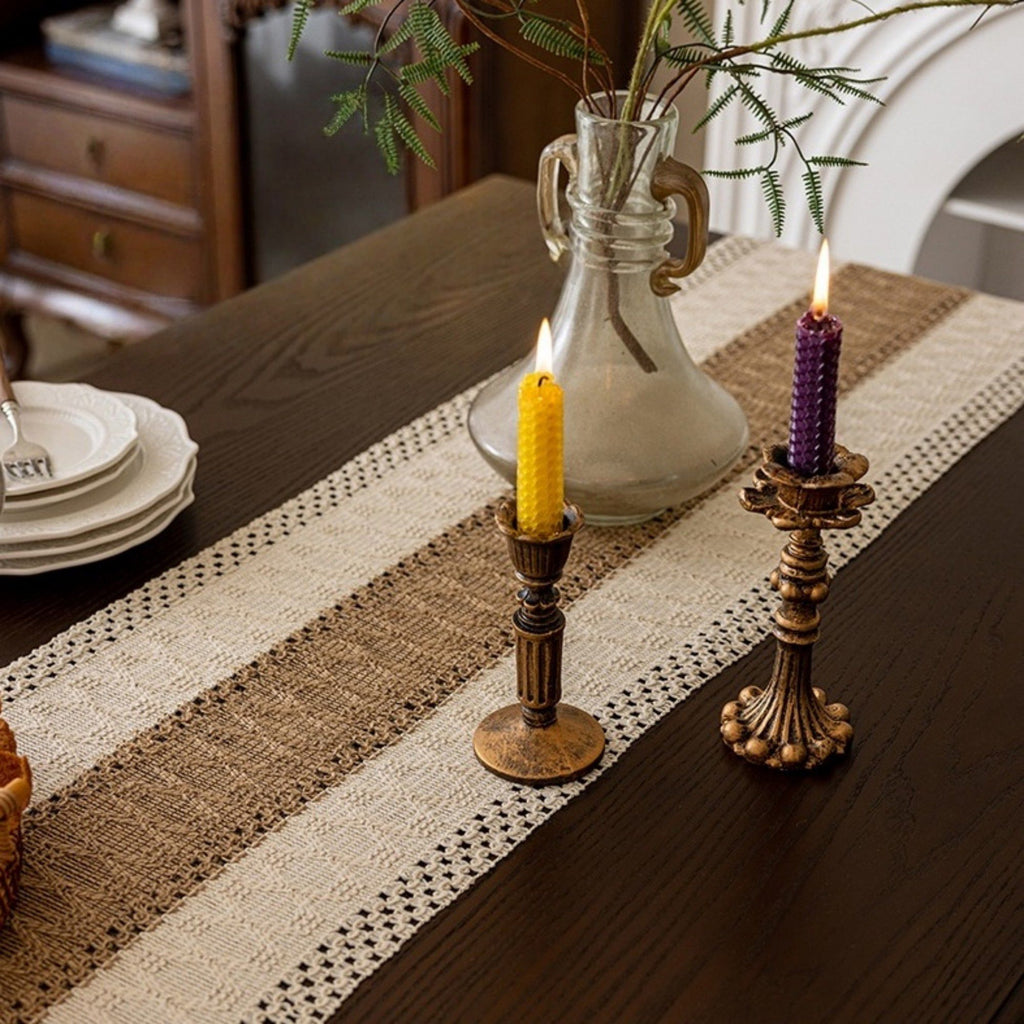 Textured Woven Table Runner with Fringe Trim and Neutral Stripe Pattern 47x11.8 in