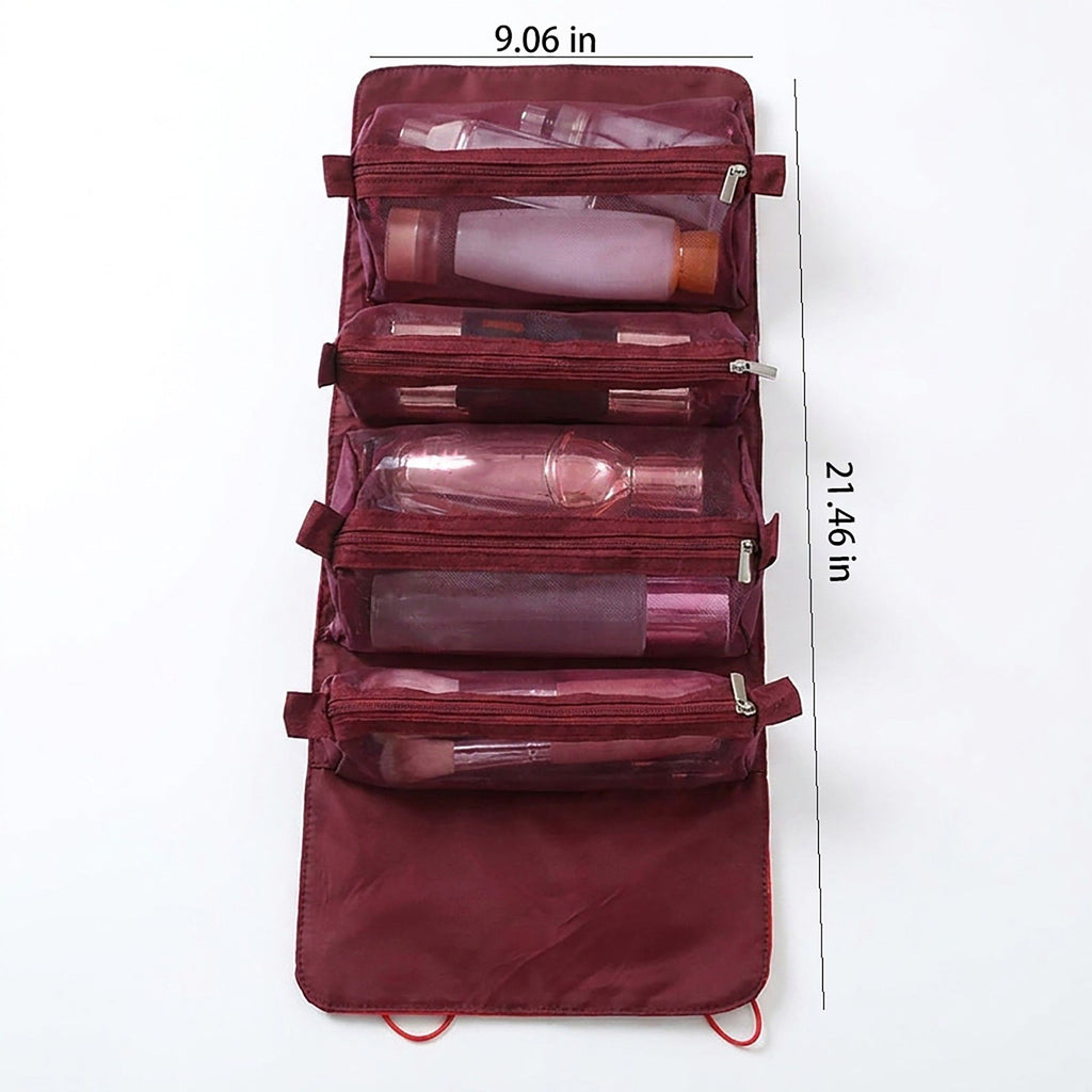 Hanging Travel Toiletry Bag with Clear Zipper Compartments and Roll-Up Organizer Design