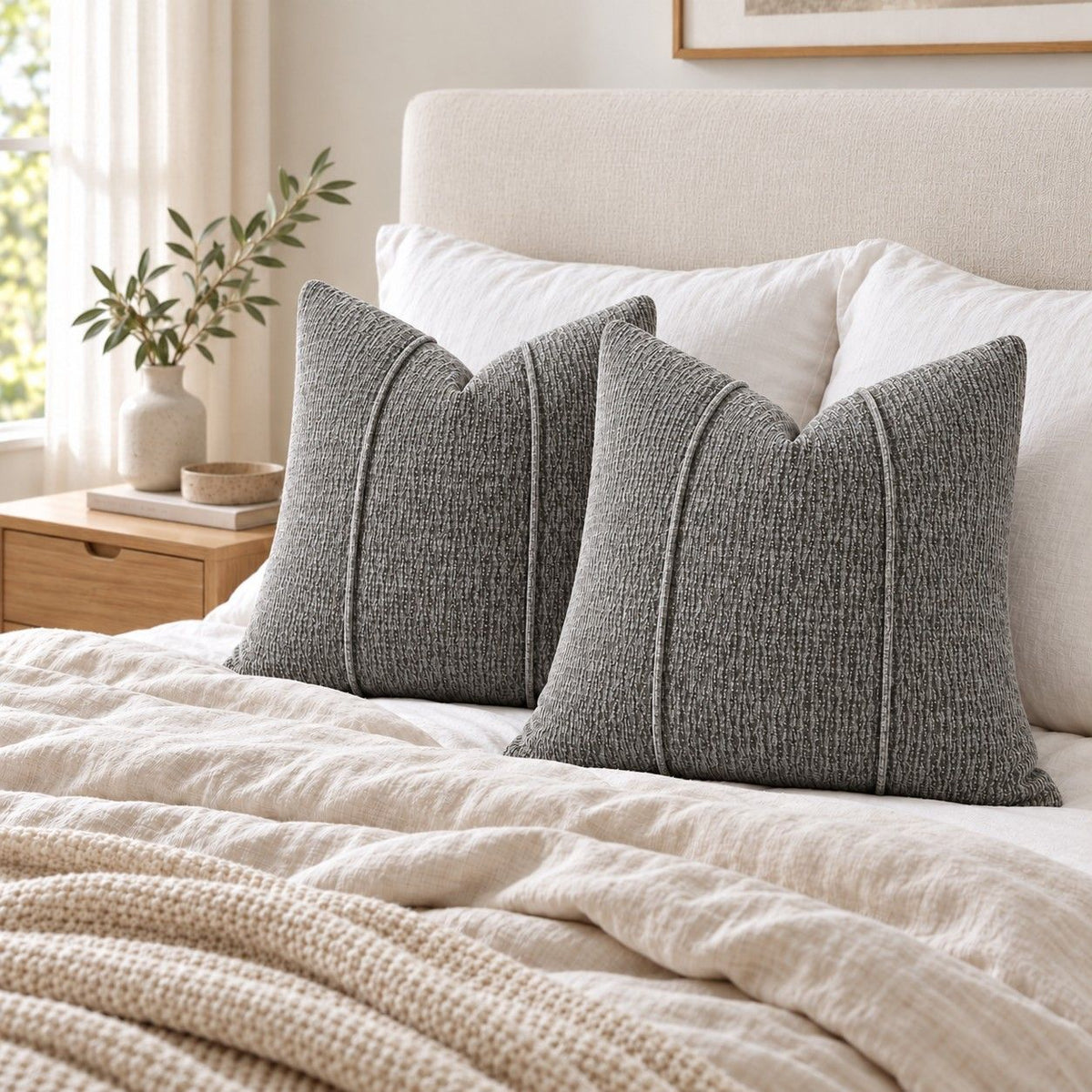 2 Pack Solid Textured Throw Pillow Covers 18 x 18 Inch with Hidden Zipper