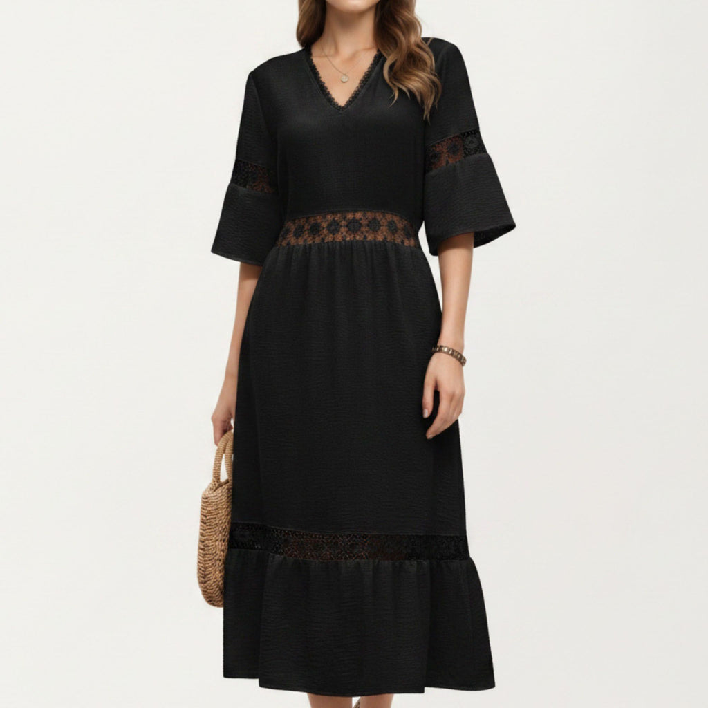 Anna-Kaci Women's V Neck Midi Dress with Lace Trim Paneling and Short Wide Sleeves Flowing Silhouette