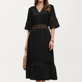 Anna-Kaci Women's V Neck Midi Dress with Lace Trim Paneling and Short Wide Sleeves Flowing Silhouette