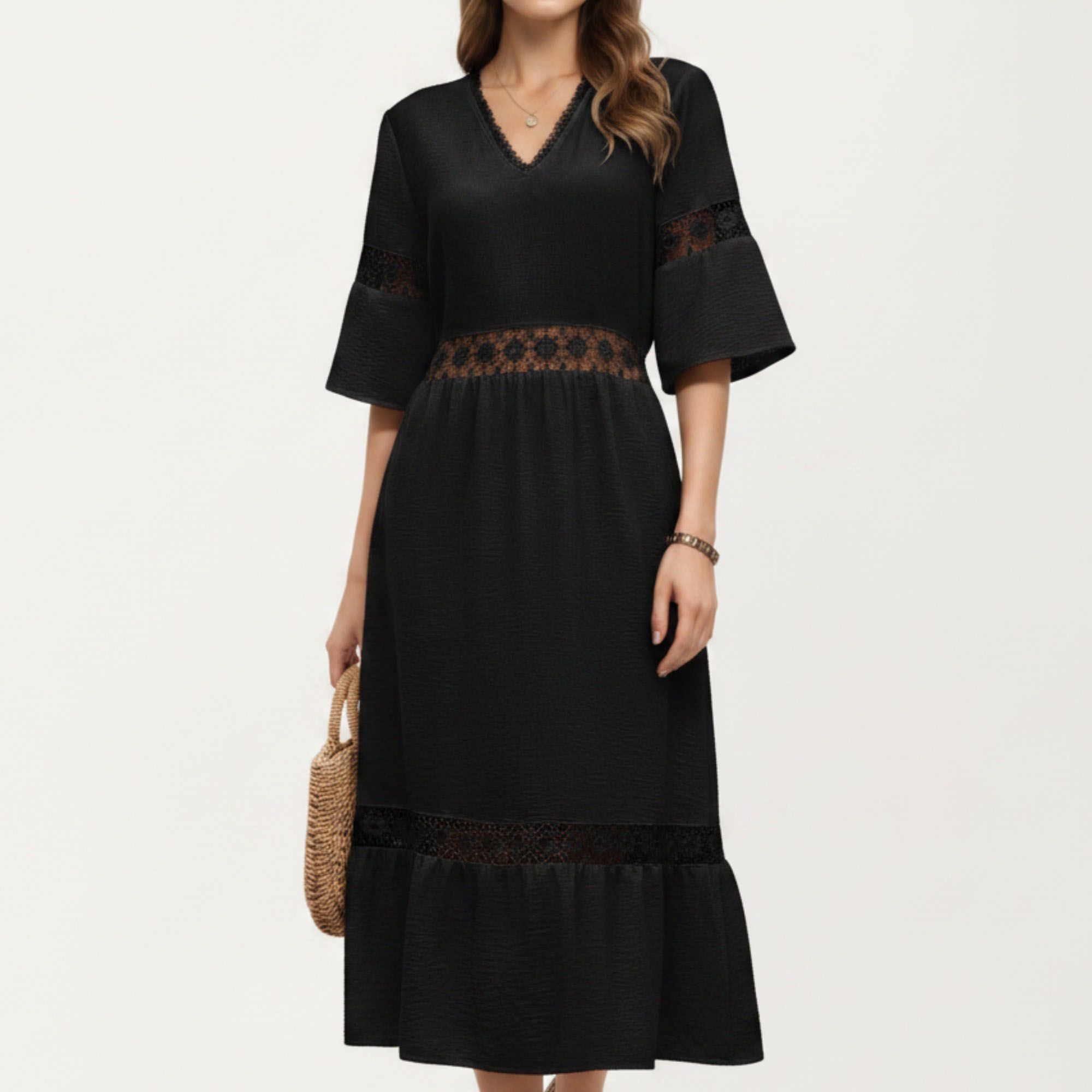 Anna-Kaci Women's V Neck Midi Dress with Lace Trim Paneling and Short Wide Sleeves Flowing Silhouette