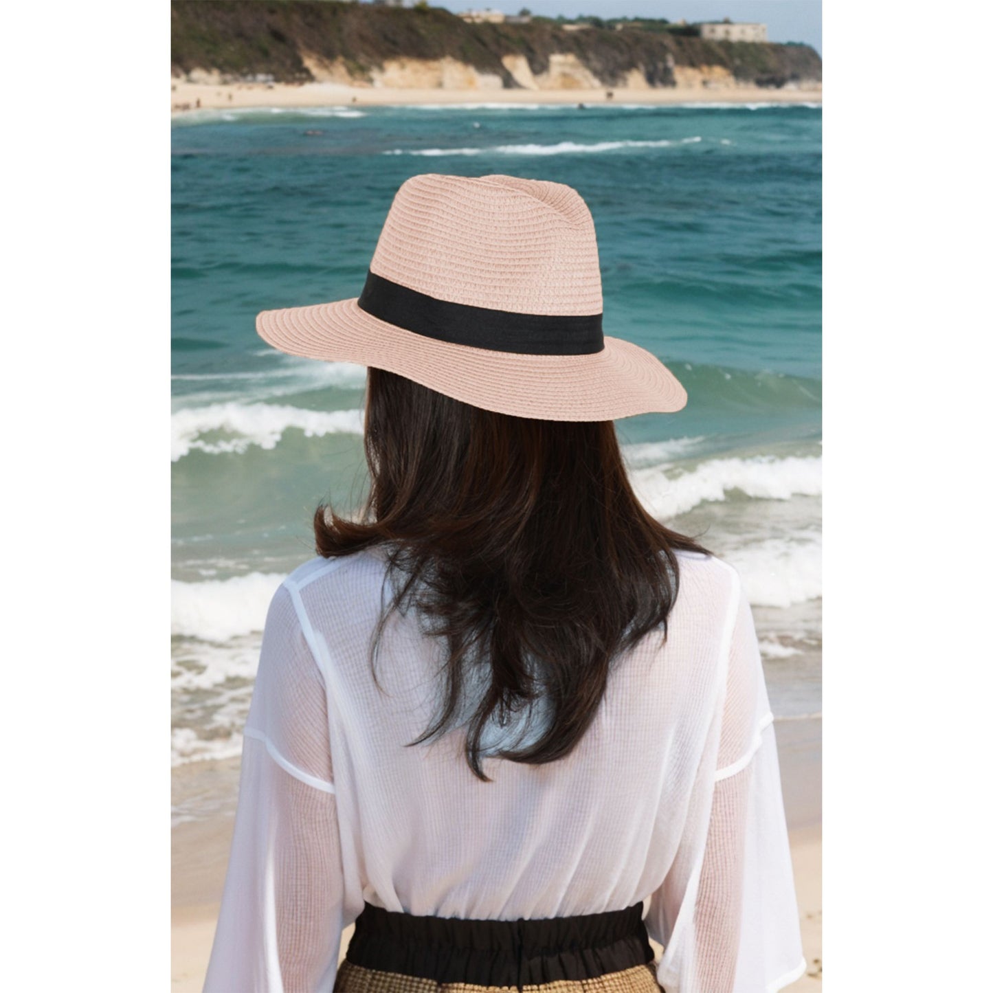Anna-Kaci Wide Brim Straw Fedora Sun Hat with Black Band Lightweight Packable Summer Panama Hat for UV Protection