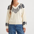 Floral Jacquard V Neck Long Sleeve Pullover Sweater