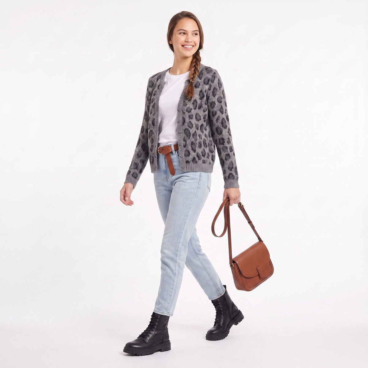 Fuzzy Leopard Print Button Front Cardigan Sweater