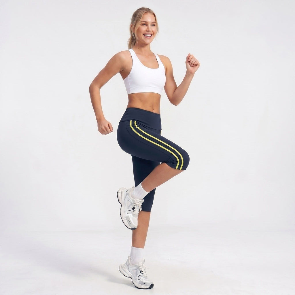 High Waist Side Stripe Capri Leggings Wide Waistband Cropped Workout Yoga Pants