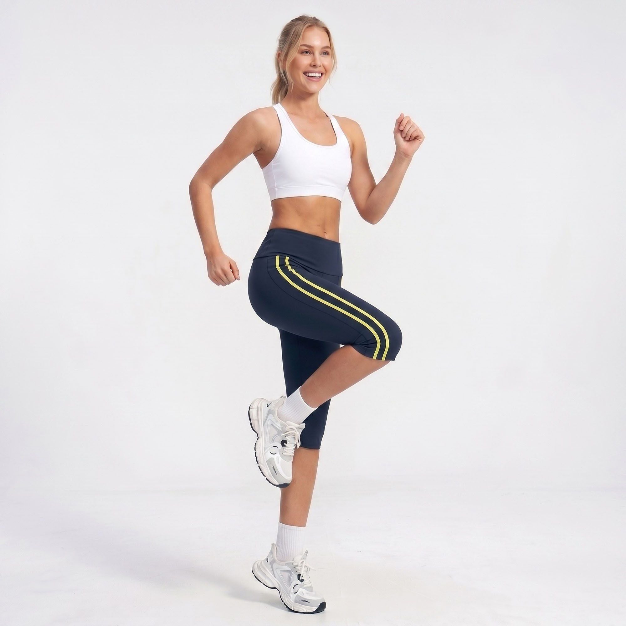 High Waist Side Stripe Capri Leggings Wide Waistband Cropped Workout Yoga Pants