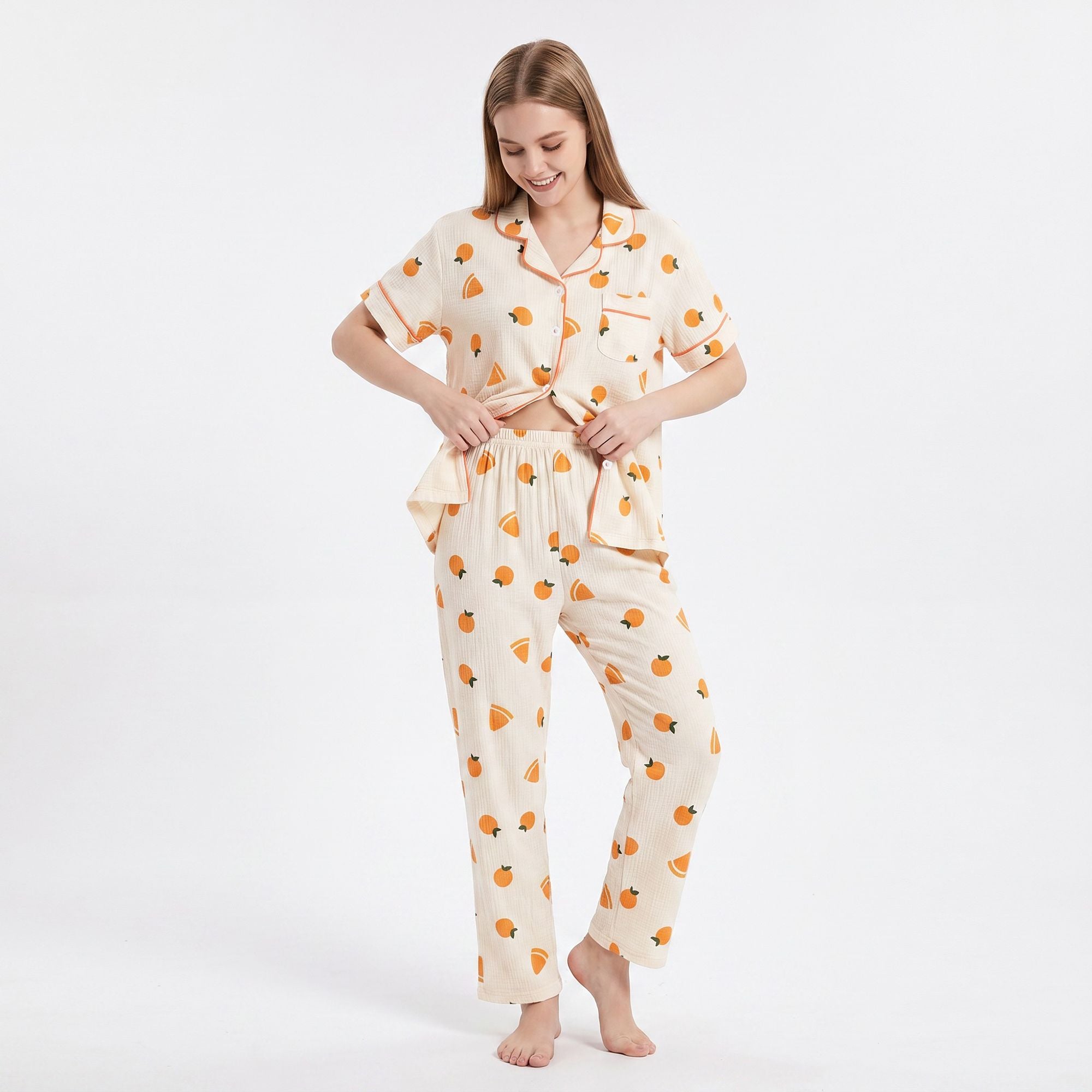 2-Piece Set Fruit Print Button Front Pajama Top and Relaxed Pants Sleepwear