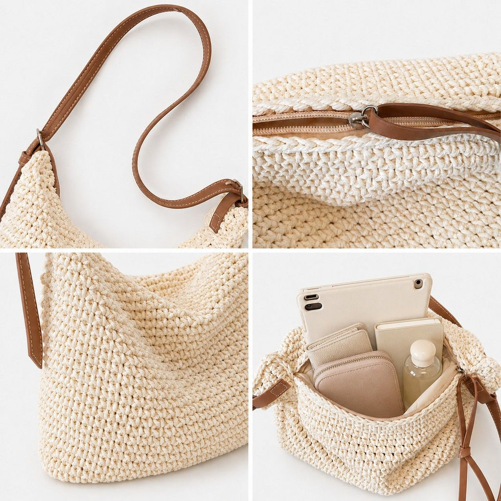 Woven Hobo Shoulder Crossbody Bag with Zip Closure and Slouchy Shape
