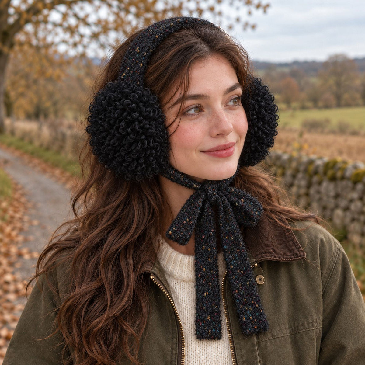 Curly Plush Winter Earmuffs with Speckled Knit Ties