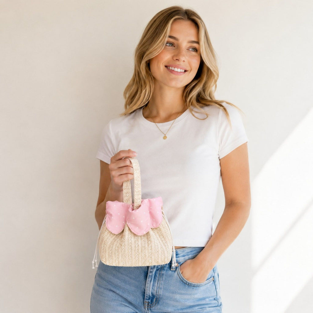 Textured Knit Drawstring Handbag with Floral Petal Trim, Dual Handles and Compact Cosmetic Storage Design