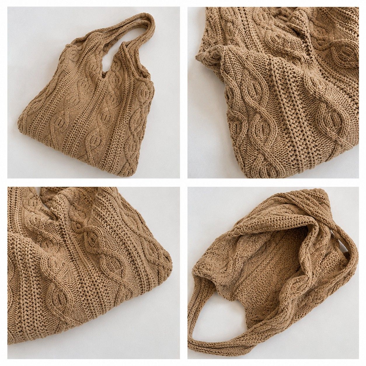 Cable Knit Shoulder Tote Bag Soft Textured Slouchy Lightweight Everyday Carryall
