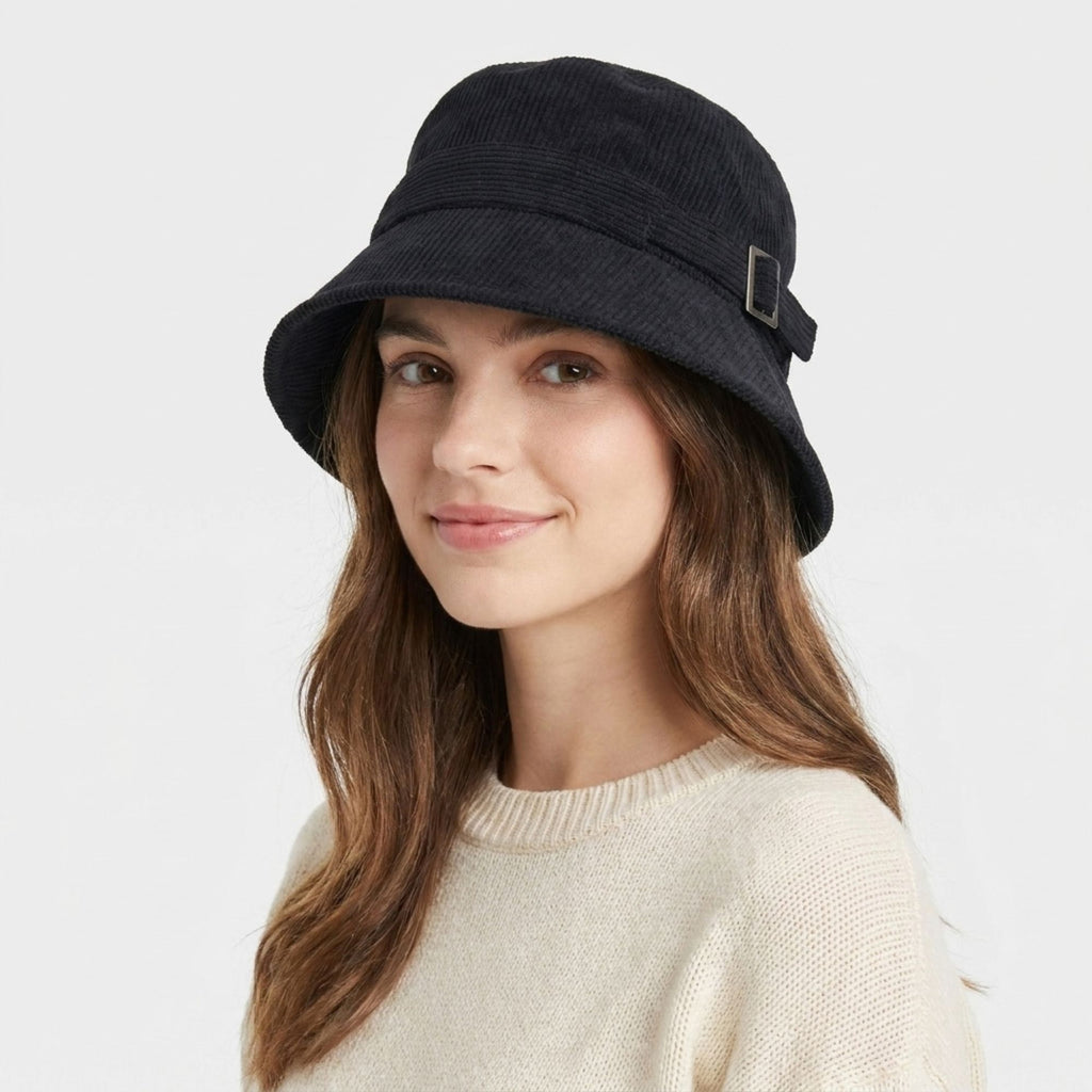 Corduroy Bucket Hat Buckle Band Detail Casual Brim Hat
