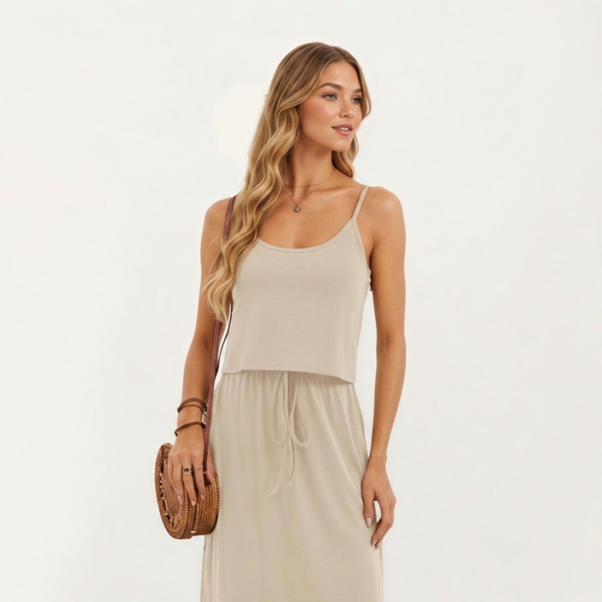 Anna-Kaci Women's Sleeveless Midi Dress with Spaghetti Straps and Adjustable Drawstring Waist Relaxed Fit Silhouette