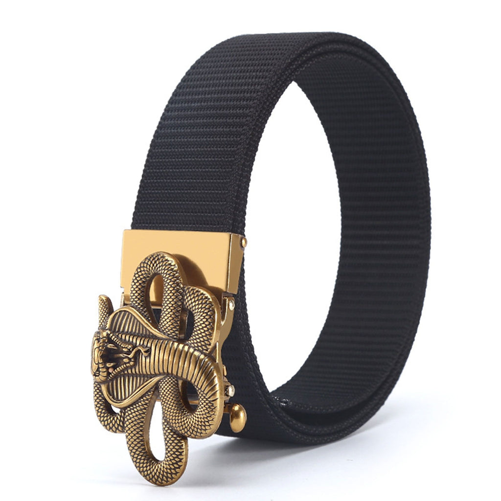 Anna-Kaci Women's Nylon Belt with Gold Cobra Buckle - Bold Statement Buckle Belt for Edgy Casual & Stylish Outfits