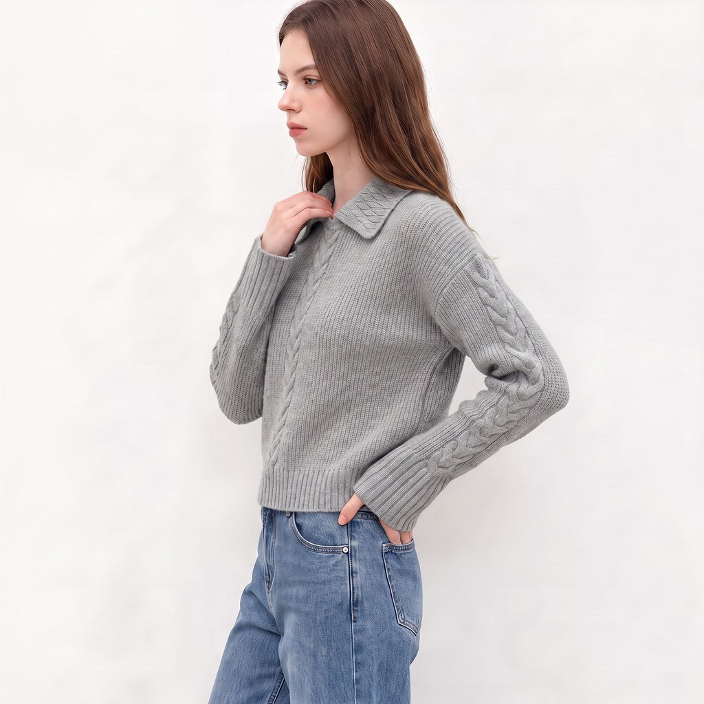 Cable Knit Collared Sweater with Flared Cuffs