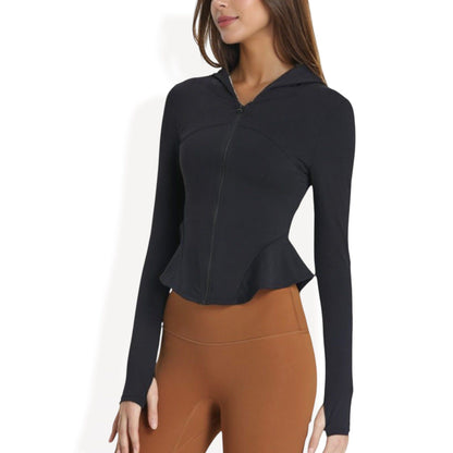 Peplum Hem Active Zip-Up Jacket with Hood and Thumb Holes
