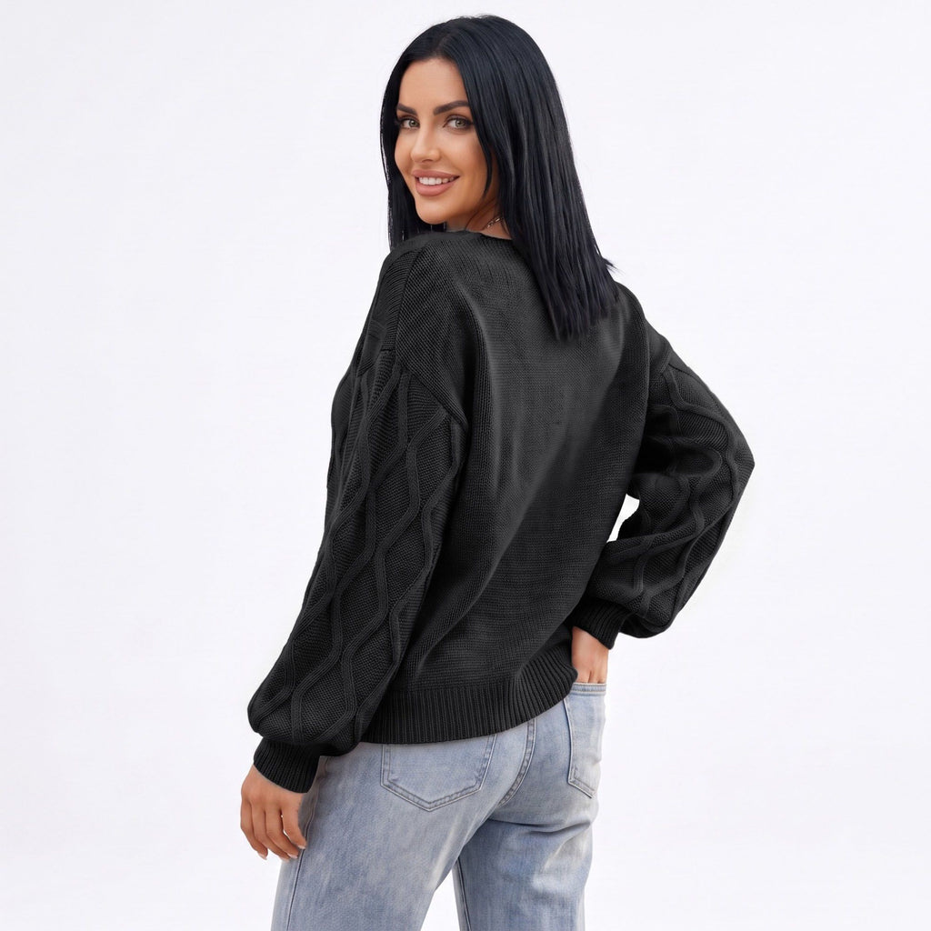 Cable Knit V-Neck Balloon Sleeve Sweater