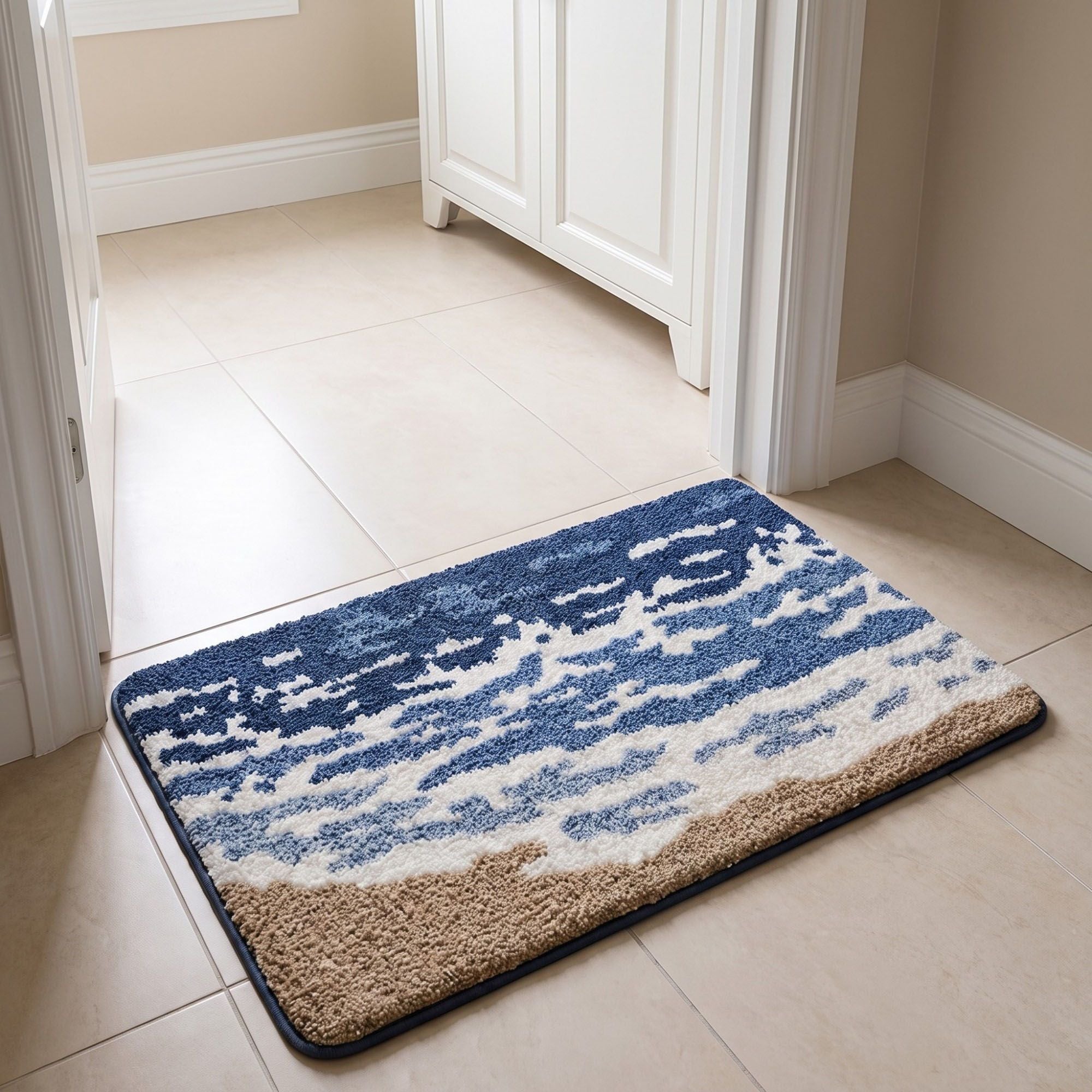 Coastal Beach Scene Plush Bathroom Mat with Umbrella and Ocean Wave Design