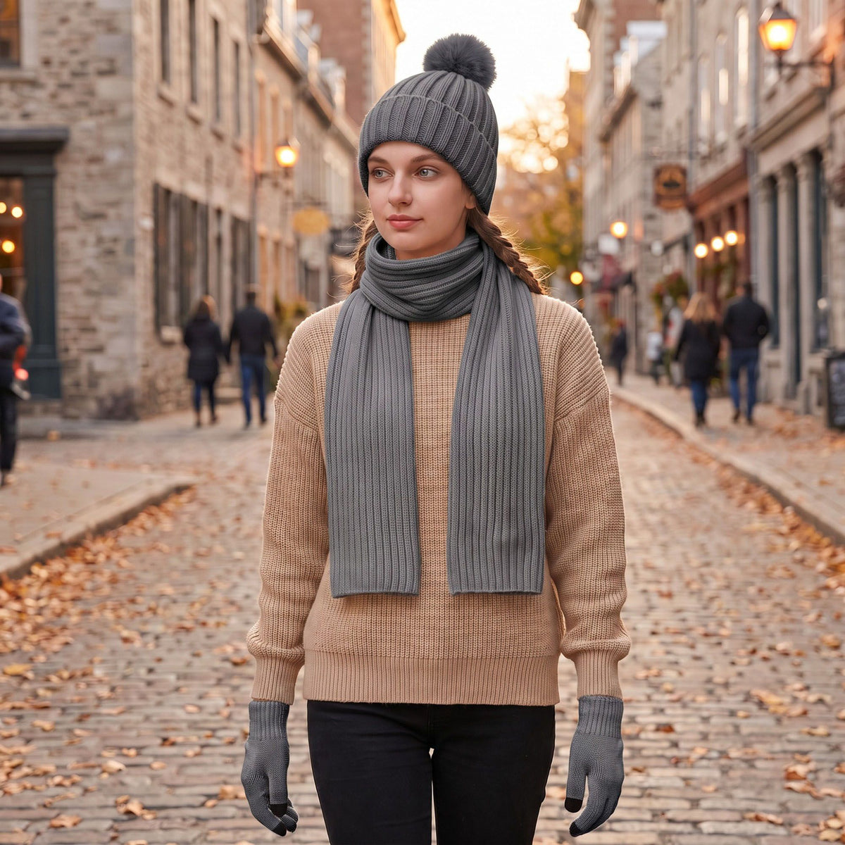 3 Piece Pom Beanie Scarf and Touchscreen Gloves Winter Set