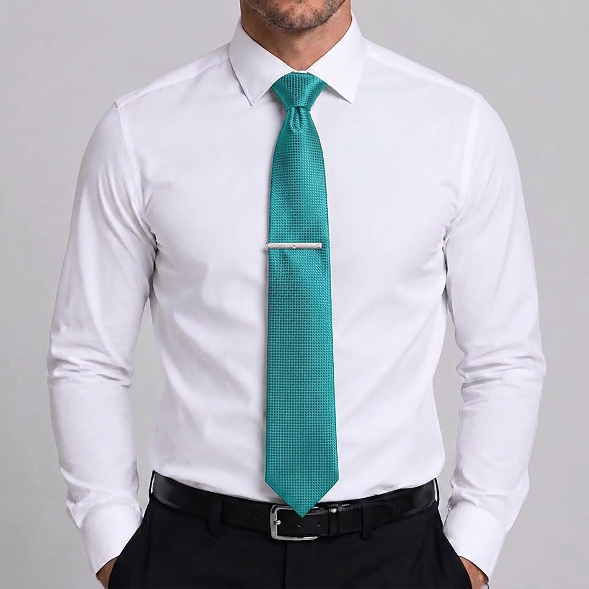 Men's Textured Solid Color Tie Gift Set with Matching Pocket Square Cufflinks and Silver Tie Clip