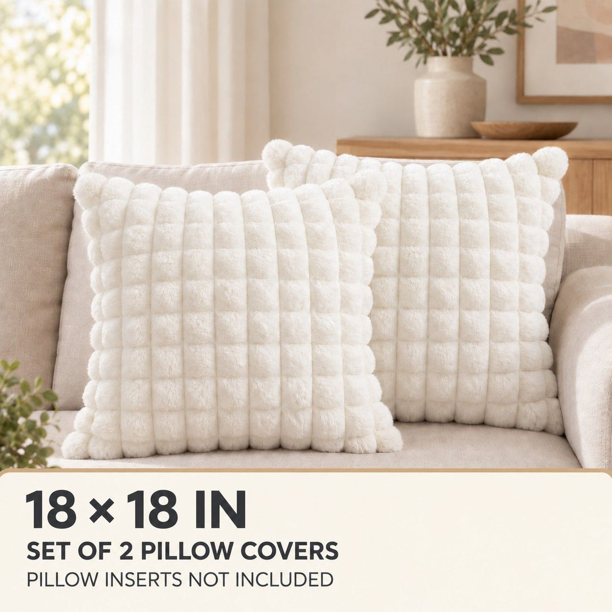 2 Pack Plush Faux Fur Bubble Grid Throw Pillow Covers 18 x 18 Inch for Couch and Bed