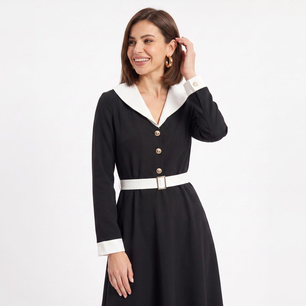 Contrast Collar Belted Midi Dress Long Sleeve Button Front Fit and Flare