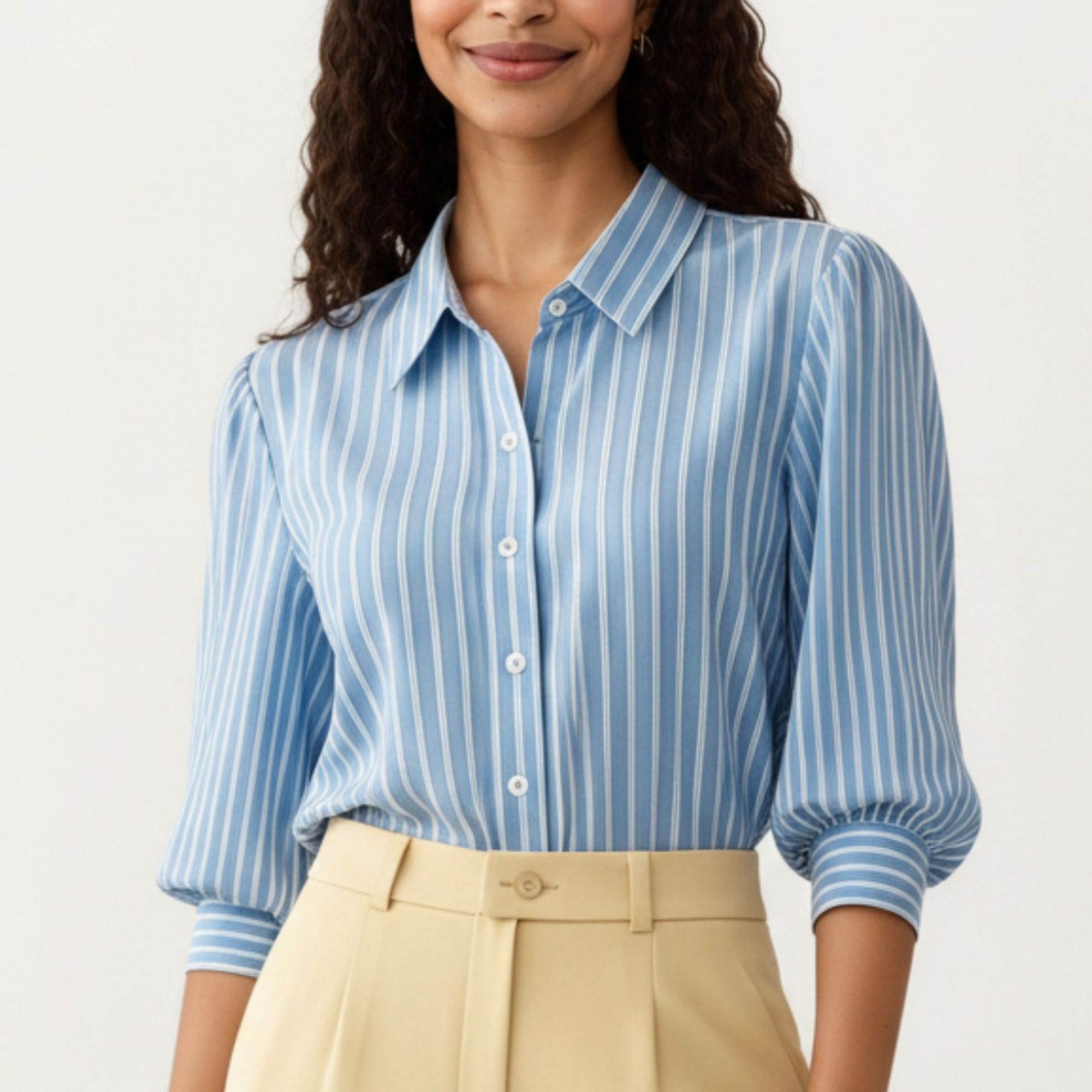 Anna-Kaci Women's Striped Button Down Blouse with Collared Neckline and Puff Sleeves