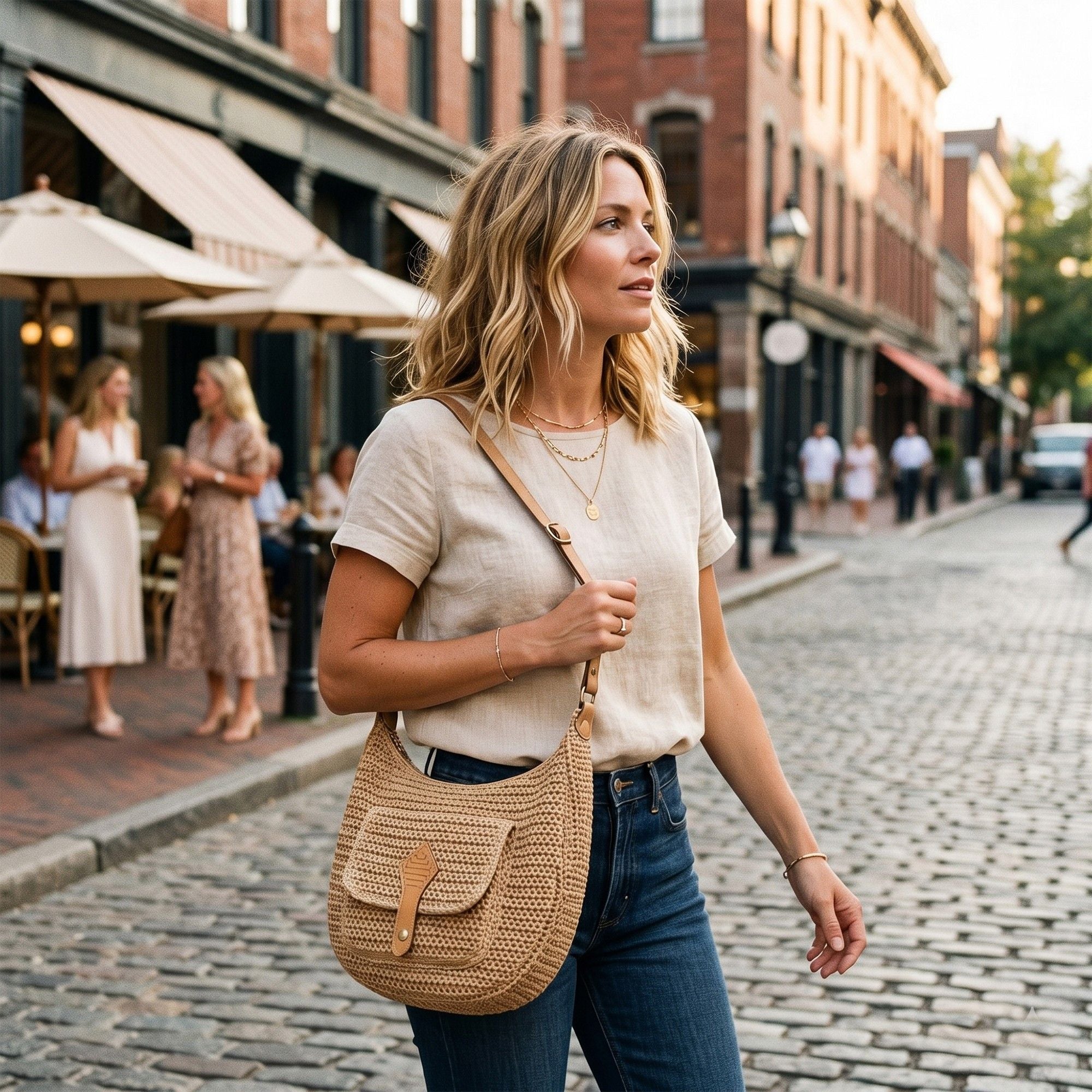 Woven Crochet Hobo Bag with Flap Pocket Leather Strap Slouchy Shoulder Handbag Lightweight Knit Tote