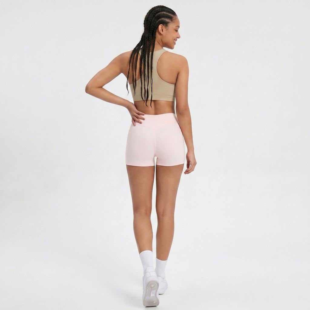 High Waist Crossover Waistband Pocket Workout Biker Shorts