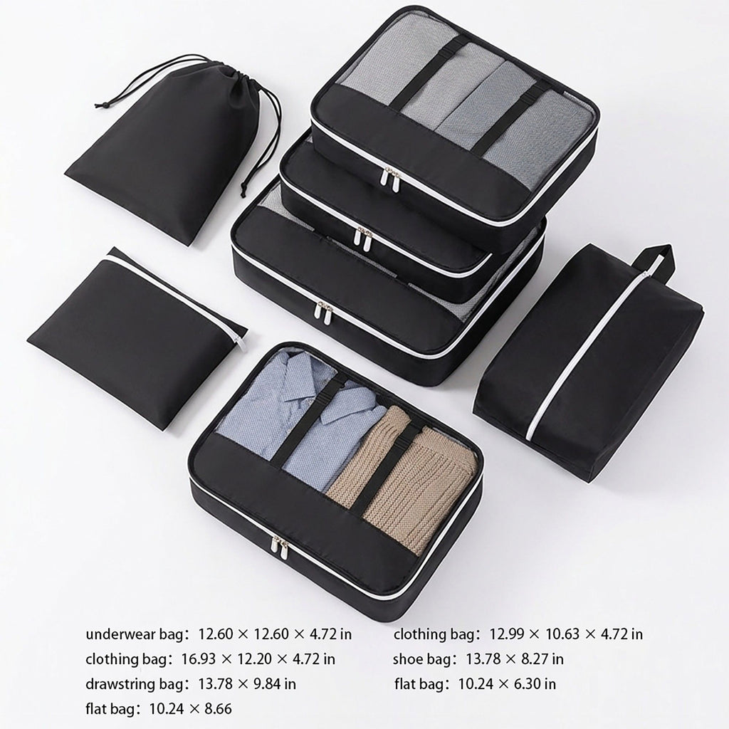 Travel Packing Cube Set with Mesh Organizer Bags Zipper Pouches Drawstring Storage Lightweight Luggage Set