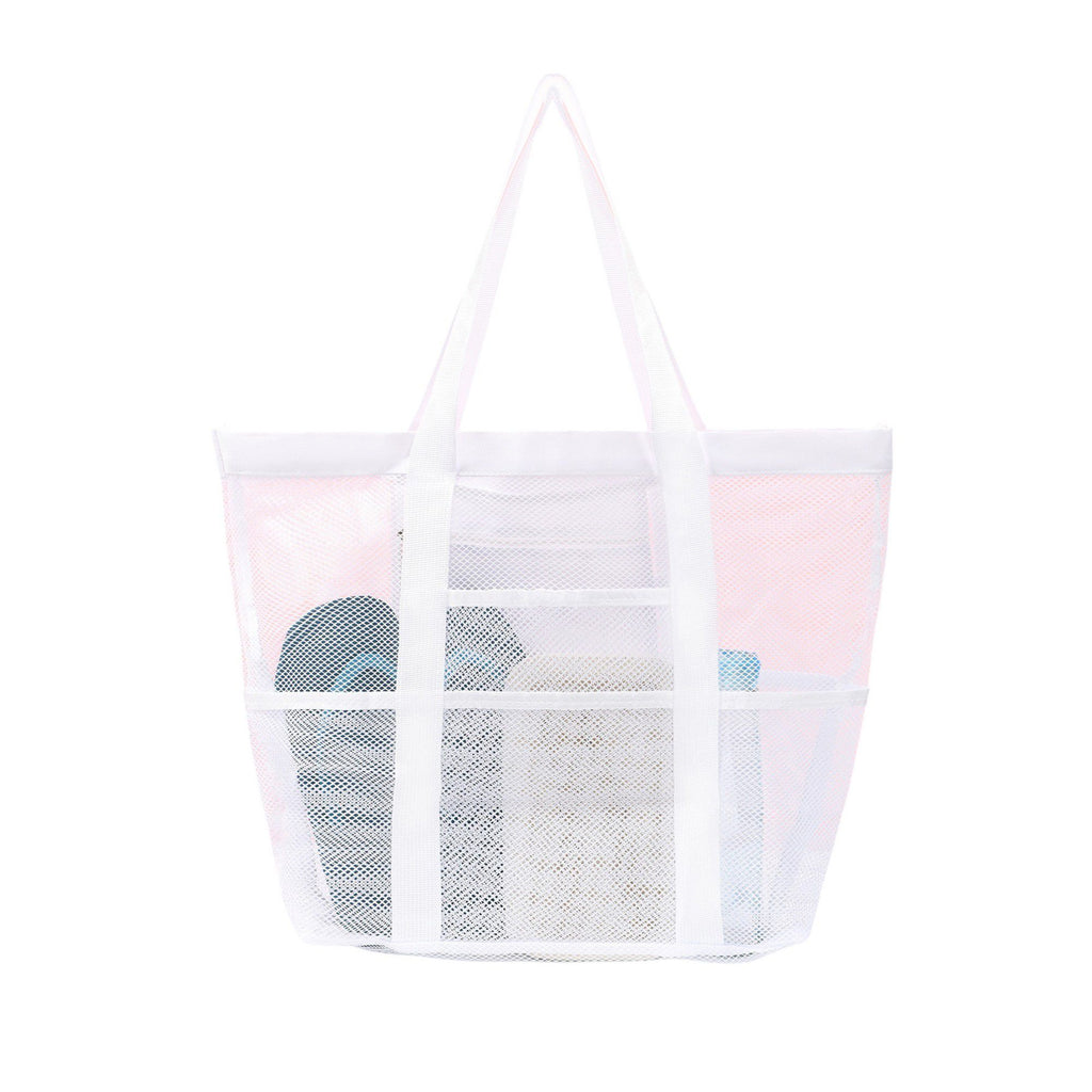 Mesh Beach Tote Bag Large Capacity Travel Shoulder Bag with Exterior Pockets Zipper Top Organizer