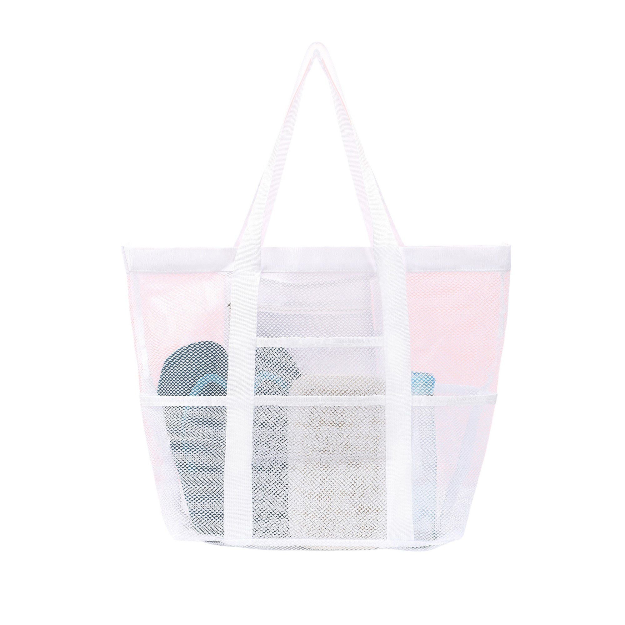 Mesh Beach Tote Bag Large Capacity Travel Shoulder Bag with Exterior Pockets Zipper Top Organizer