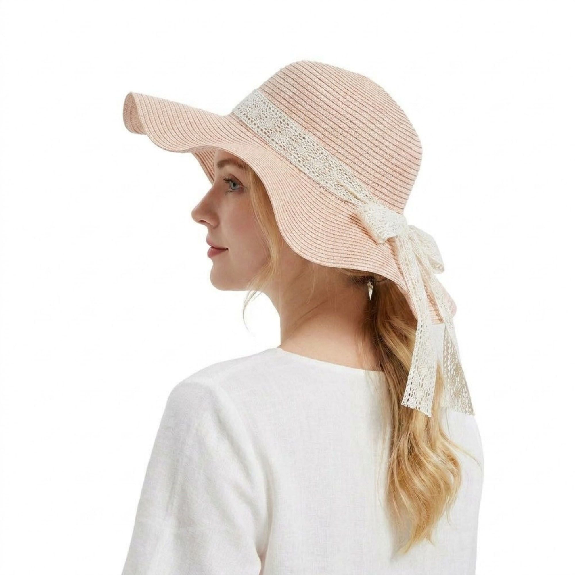 Women's Wide Brim Straw Sun Hat Lace Ribbon Tie Lightweight Summer Beach Hat